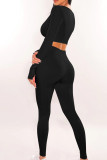 Black Casual Solid Patchwork U Neck Long Sleeve Two Pieces