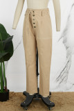 Botones de patchwork liso casual caqui con cinturón Pantalones de lápiz de cintura alta regulares de color sólido