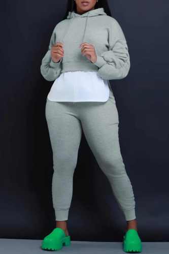 Grey Casual Solid Patchwork Hooded Collar Long Sleeve Two Pieces