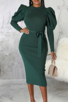 Grüne, elegante, einfarbige Patchwork-Kleider mit O-Ausschnitt und langen Ärmeln