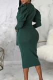Grüne, elegante, einfarbige Patchwork-Kleider mit O-Ausschnitt und langen Ärmeln
