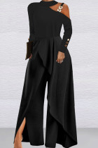 ブラックエレガントなソリッドパッチワークボタンメタルアクセサリー装飾ホルタールーズジャンプスーツ