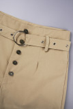 Botones de patchwork liso casual caqui con cinturón Pantalones de lápiz de cintura alta regulares de color sólido