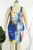 Синее повседневное платье-жилет с U-образным вырезом и принтом без позиционирования Платья больших размеров