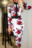 Black And White Casual Print Patchwork With Belt Turn-back Collar Wrapped Skirt Dresses