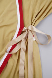 Vestidos cáqui casual listrado patchwork frênulo decote em V manga comprida plus size