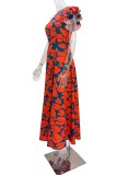 Veelkleurige sexy casual print rugloze split schuine kraag lange jurk jurken