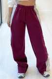 Pantalones de patchwork convencionales de cintura alta regular en contraste con patchwork informal burdeos