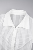 ホワイト セクシー パッチワーク シースルー ターンダウン カラー ロング スリーブ ドレス