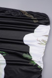Zwarte sexy casual print rugloze strapless wikkelrokjurken