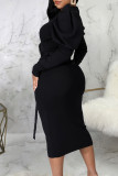 Schwarze, elegante, einfarbige Patchwork-Kleider mit O-Ausschnitt und langen Ärmeln