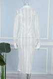 Weiße sexy Patchwork-Kleider mit durchsichtigem Umlegekragen und langen Ärmeln