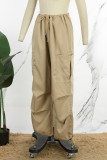 Graue Street Solid Patchwork-Hose mit Kordelzug und Tasche, gerade, hohe Taille, gerade, einfarbige Hose