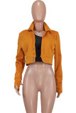 Caramel Colour Street Solid Patchwork Draw String Buttons Turndown Collar Outerwear