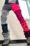Pantaloni patchwork convenzionali a vita alta regolari con patchwork casual kaki chiaro scavato a contrasto