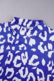 Blå Vit Street Print Tie Dye Patchwork O-hals långärmad två delar (inget bälte)