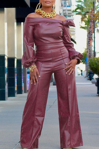 Burgundy Sexy Street Solid Patchwork Off the Shoulder Long Sleeve Two Pieces