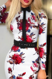 Red Casual Print Patchwork With Belt Turn-back Collar Wrapped Skirt Dresses