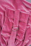 Розово-красная повседневная однотонная лоскутная молния с капюшоном и воротником с длинным рукавом из двух частей