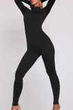 Zwarte casual effen patchwork skinny jumpsuits met rits en O-hals