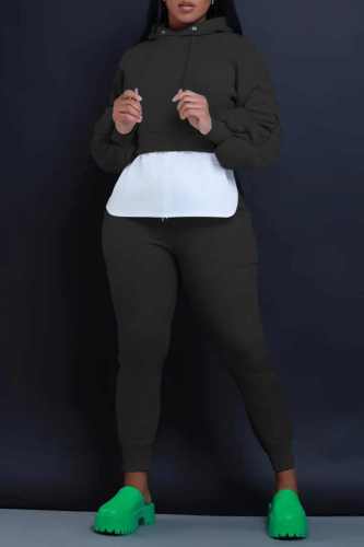 Black Casual Solid Patchwork Hooded Collar Long Sleeve Two Pieces