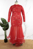 Red Sexy Solid See-through Half A Turtleneck Long Sleeve Plus Size Dresses