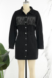 Zwarte casual effen kwastjes patchwork kraag lange mouwen hoge taille normale denim jurken