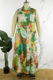Зеленое повседневное длинное платье с пуговицами с принтом и отложным воротником Платья больших размеров