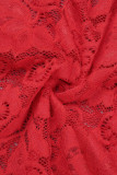 Rode sexy effen doorzichtige halve coltrui met lange mouwen en grote maten jurken