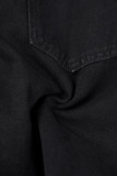 Schwarze, lässige, einfarbige, einfarbige, Patchwork-Jeanskleider mit Umlegekragen, langen Ärmeln und hoher Taille