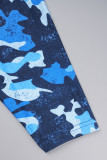 Blauer lässiger Camouflage-Druck, Basic-O-Ausschnitt, Zweiteiler in Übergröße