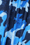 Синий повседневный камуфляжный принт Базовый круглый вырез Большие размеры Из двух частей