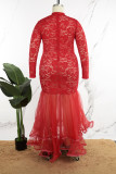 Red Sexy Solid See-through Half A Turtleneck Long Sleeve Plus Size Dresses