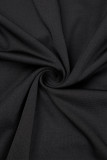 Black Casual Solid Draw String Frenulum O Neck Long Sleeve Dresses