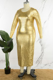Gold Casual Solid O Neck Long Sleeve Plus Size Dresses
