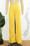 Gelbe, lässige, solide Basic-Hose mit normaler, hoher Taille und herkömmlicher einfarbiger Hose