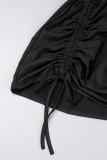 Robes noires décontractées à manches longues et col rond avec ficelle à cordon de serrage