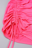 Розово-красные повседневные однотонные платья с уздечкой и круглым вырезом с длинными рукавами