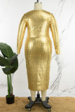 Золотые повседневные однотонные платья с длинным рукавом и круглым вырезом больших размеров