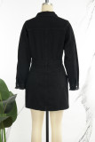 Zwarte casual effen kwastjes patchwork kraag lange mouwen hoge taille normale denim jurken