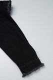 Черные повседневные однотонные лоскутные платья с кисточками и отложным воротником с длинными рукавами и высокой талией, обычные джинсовые платья
