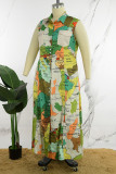 Robe longue verte à col rabattu et boutons imprimés décontractés, robes de grande taille