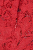 Robes rouges sexy unies transparentes demi-col roulé manches longues grande taille