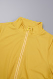 Yellow Casual Solid Patchwork Zipper Collar Short Sleeve Two Pieces
