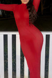 Vestido longo vermelho casual sólido patchwork meia gola alta