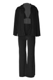 Black Casual Solid Cardigan Vests Pants Long Sleeve Three Piece Set