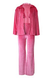 Pink Casual Solid Cardigan Vests Pants Long Sleeve Three Piece Set