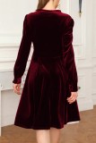 Бордовые повседневные однотонные платья в стиле пэчворк с V-образным вырезом и длинными рукавами