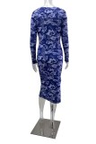 Blauwe casual print split V-hals lange mouwen jurken