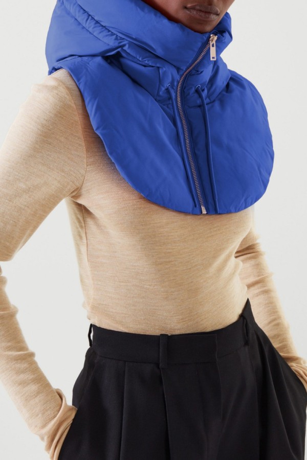 Prendas de abrigo de cuello con capucha y cremallera de patchwork sólido informal azul
